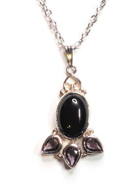 Sterling silver Pendant with black onyx, amethyst & chain